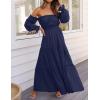 ZESICA Women’s 2026 Boho Sexy Off Shoulder Long Sleeve Smocked High Waist Side Split Flowy A Line Tiered Long Maxi Dress(Navy)