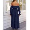 ZESICA Women’s 2026 Boho Sexy Off Shoulder Long Sleeve Smocked High Waist Side Split Flowy A Line Tiered Long Maxi Dress(Navy)