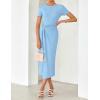 ZESICA Women’s 2026 Summer Short Sleeve Bodycon Midi Dress Crewneck Ruched Split Wedding Guest Cocktail Wrap Dresses(Light Blue)