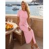 ZESICA Women’s 2026 Summer Short Sleeve Bodycon Midi Dress Crewneck Ruched Split Wedding Guest Cocktail Wrap Dresses(Pink)