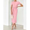 ZESICA Women’s 2026 Summer Short Sleeve Bodycon Midi Dress Crewneck Ruched Split Wedding Guest Cocktail Wrap Dresses(Pink)