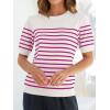 ZESICA Women’s Casual Striped Tops Short Sleeve Crew Neck Ribbed Knit T Shirts Comfy Loose Basic Pullover Sweater(Rosered)