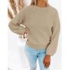 ZESICA Women’s Crew Neck Long Lantern Sleeve Fall 2026 Casual Loose Ribbed Knit Solid Soft Pullover Sweater Tops(Khaki)