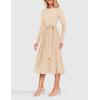 ZESICA Women’s Fall Long Sleeve Midi Dress 2025 Casual Crewneck Knit Belted Pleated A Line Flowy Party Dresses(Apricot)