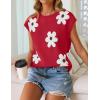 ZESICA Womens Floral Sweater Vest Summer Short Sleeve Crew Neck Cute Loose Knit Tops 2026 Trendy Clothes Outfits(Red)
