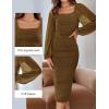 ZESICA Women’s Sexy Ruched Bodycon Midi Dress Long Puff Sleeve Square Neck Backless Cocktail Party Wedding Dresses(Brown)