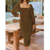 ZESICA Women’s Sexy Ruched Bodycon Midi Dress Long Puff Sleeve Square Neck Backless Cocktail Party Wedding Dresses(Brown)