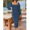 ZESICA Women’s Sexy Ruched Bodycon Midi Dress Long Puff Sleeve Square Neck Backless Cocktail Party Wedding Dresses(Darkblue)