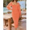 ZESICA Women’s Sexy Ruched Bodycon Midi Dress Long Puff Sleeve Square Neck Backless Cocktail Party Wedding Dresses(Orange)