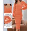 ZESICA Women’s Sexy Ruched Bodycon Midi Dress Long Puff Sleeve Square Neck Backless Cocktail Party Wedding Dresses(Orange)
