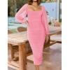 ZESICA Women’s Sexy Ruched Bodycon Midi Dress Long Puff Sleeve Square Neck Backless Cocktail Party Wedding Dresses(Pink)
