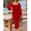 ZESICA Women’s Sexy Ruched Bodycon Midi Dress Long Puff Sleeve Square Neck Backless Cocktail Party Wedding Dresses(Red)