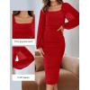 ZESICA Women’s Sexy Ruched Bodycon Midi Dress Long Puff Sleeve Square Neck Backless Cocktail Party Wedding Dresses(Red)