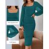ZESICA Women’s Sexy Ruched Bodycon Midi Dress Long Puff Sleeve Square Neck Backless Cocktail Party Wedding Dresses(Teal)