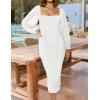ZESICA Women’s Sexy Ruched Bodycon Midi Dress Long Puff Sleeve Square Neck Backless Cocktail Party Wedding Dresses(White)
