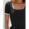 ZESICA Women’s Short Sleeve Square Neck Color Block T Shirt 2026 Summer Slim Fit Ribbed Knit Basic Tee Tops(Black)