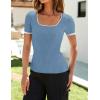 ZESICA Women’s Short Sleeve Square Neck Color Block T Shirt 2026 Summer Slim Fit Ribbed Knit Basic Tee Tops(Blue)