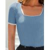 ZESICA Women’s Short Sleeve Square Neck Color Block T Shirt 2026 Summer Slim Fit Ribbed Knit Basic Tee Tops(Blue)