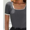 ZESICA Women’s Short Sleeve Square Neck Color Block T Shirt 2026 Summer Slim Fit Ribbed Knit Basic Tee Tops(Darkgrey)