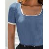 ZESICA Women’s Short Sleeve Square Neck Color Block T Shirt 2026 Summer Slim Fit Ribbed Knit Basic Tee Tops(Dustyblue)