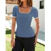 ZESICA Women’s Short Sleeve Square Neck Color Block T Shirt 2026 Summer Slim Fit Ribbed Knit Basic Tee Tops(Dustyblue)