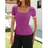 ZESICA Women’s Short Sleeve Square Neck Color Block T Shirt 2026 Summer Slim Fit Ribbed Knit Basic Tee Tops(Eggplant)