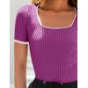 ZESICA Women’s Short Sleeve Square Neck Color Block T Shirt 2026 Summer Slim Fit Ribbed Knit Basic Tee Tops(Eggplant)