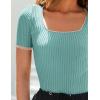 ZESICA Women’s Short Sleeve Square Neck Color Block T Shirt 2026 Summer Slim Fit Ribbed Knit Basic Tee Tops(Mint)