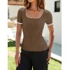ZESICA Women’s Short Sleeve Square Neck Color Block T Shirt 2026 Summer Slim Fit Ribbed Knit Basic Tee Tops(Mocha)