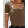 ZESICA Women’s Short Sleeve Square Neck Color Block T Shirt 2026 Summer Slim Fit Ribbed Knit Basic Tee Tops(Mocha)