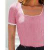 ZESICA Women’s Short Sleeve Square Neck Color Block T Shirt 2026 Summer Slim Fit Ribbed Knit Basic Tee Tops(Pink)