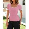 ZESICA Women’s Short Sleeve Square Neck Color Block T Shirt 2026 Summer Slim Fit Ribbed Knit Basic Tee Tops(Pink)