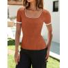 ZESICA Women’s Short Sleeve Square Neck Color Block T Shirt 2026 Summer Slim Fit Ribbed Knit Basic Tee Tops(Rust)