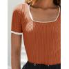 ZESICA Women’s Short Sleeve Square Neck Color Block T Shirt 2026 Summer Slim Fit Ribbed Knit Basic Tee Tops(Rust)