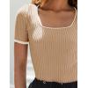 ZESICA Women’s Short Sleeve Square Neck Color Block T Shirt 2026 Summer Slim Fit Ribbed Knit Basic Tee Tops(Toffee)