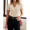 ZESICA Women’s Short Sleeve V Neck T Shirts 2026 Summer Ribbed Knit Slim Fitted Basic Solid Color Tee Tops(Beige)