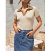 ZESICA Women’s Short Sleeve V Neck T Shirts 2026 Summer Ribbed Knit Slim Fitted Basic Solid Color Tee Tops(Beige)