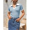ZESICA Women’s Short Sleeve V Neck T Shirts 2026 Summer Ribbed Knit Slim Fitted Basic Solid Color Tee Tops(Blue)