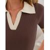 ZESICA Women’s Short Sleeve V Neck T Shirts 2026 Summer Ribbed Knit Slim Fitted Basic Solid Color Tee Tops(Coffee)