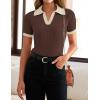 ZESICA Women’s Short Sleeve V Neck T Shirts 2026 Summer Ribbed Knit Slim Fitted Basic Solid Color Tee Tops(Coffee)