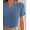 ZESICA Women’s Short Sleeve V Neck T Shirts 2026 Summer Ribbed Knit Slim Fitted Basic Solid Color Tee Tops(Dustyblue)
