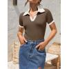 ZESICA Women’s Short Sleeve V Neck T Shirts 2026 Summer Ribbed Knit Slim Fitted Basic Solid Color Tee Tops(Mocha)