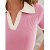 ZESICA Women’s Short Sleeve V Neck T Shirts 2026 Summer Ribbed Knit Slim Fitted Basic Solid Color Tee Tops(Pink)