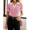 ZESICA Women’s Short Sleeve V Neck T Shirts 2026 Summer Ribbed Knit Slim Fitted Basic Solid Color Tee Tops(Pink)