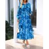 ZESICA Women’s Spring Floral Long Sleeve Maxi Dresses 2026 Casual Button Belted Chiffon Boho Wedding Guest Party Dress(Blue)