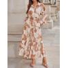 ZESICA Women’s Spring Floral Long Sleeve Maxi Dresses 2026 Casual Button Belted Chiffon Boho Wedding Guest Party Dress(Brown)