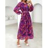 ZESICA Women’s Spring Floral Long Sleeve Maxi Dresses 2026 Casual Button Belted Chiffon Boho Wedding Guest Party Dress(Purple)