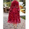 ZESICA Women’s Spring Floral Long Sleeve Maxi Dresses 2026 Casual Button Belted Chiffon Boho Wedding Guest Party Dress(Red)