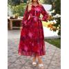 ZESICA Women’s Spring Floral Long Sleeve Maxi Dresses 2026 Casual Button Belted Chiffon Boho Wedding Guest Party Dress(Red)