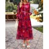 ZESICA Women’s Spring Floral Long Sleeve Maxi Dresses 2026 Casual Button Belted Chiffon Boho Wedding Guest Party Dress(Red)
